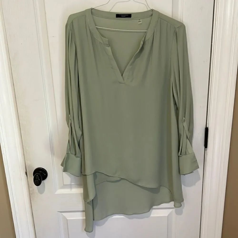 Tahari extra long age green blouse with tiered front detail
